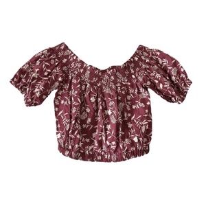 Bar III | New Red Off The Shoulder Floral Print Smocked Cotton Crop Top, Small